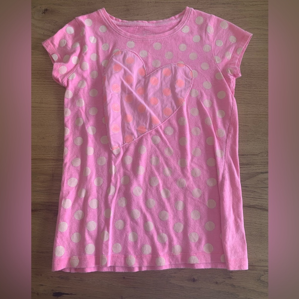 Crewcuts Collectible Pink Polka Dot Hearts Short Sleeve Tee Shirt Girls 14 Prelo